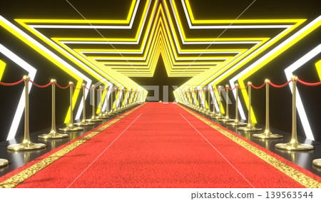 Red Carpet, Golden Stanchions and Star Shapes - 3d illustration 139563544