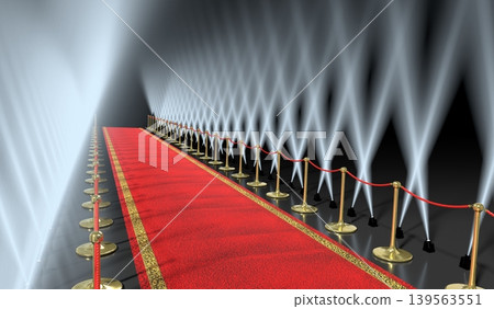 Red Carpet, Golden Stanchions and Spotlights - 3d illustration 139563551