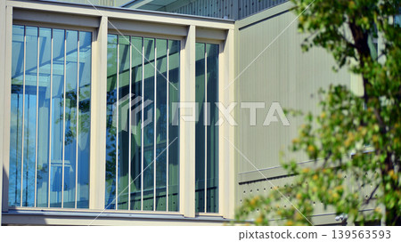 A fragment of a low-rise office building in the classical style. Modernity and tradition in office architecture. A fragment of a low-rise office building in the classical style. Modernity and tradition in office architecture. 139563593