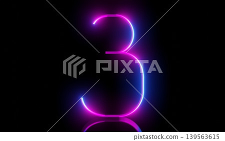 3 - ultraviolet neon number on black background - 3D illustration 3 - ultraviolet neon number on black background - 3D illustration 139563615