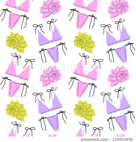 Beach seamless pattern with pink and purple bikinis and sea shells on white Beach seamless pattern with pink and purple bikinis and sea shells on white 139563956