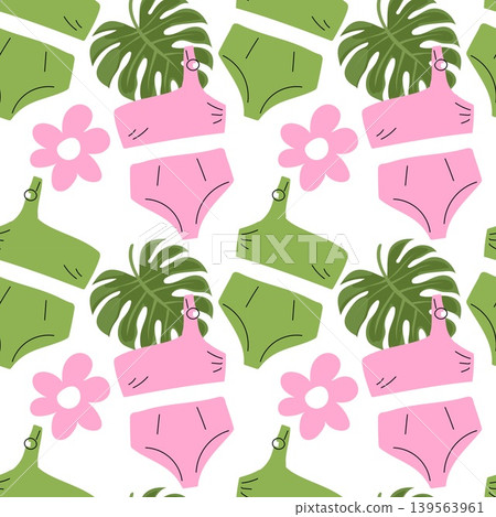 Tropical seamless pattern with pink and green bikinis monstera leaf and flowers Tropical seamless pattern with pink and green bikinis monstera leaf and flowers 139563961