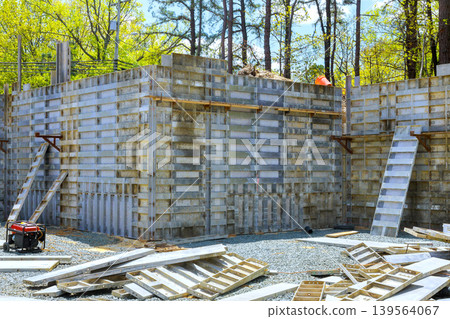 Construction site progress on new building structure in forested area 139564067