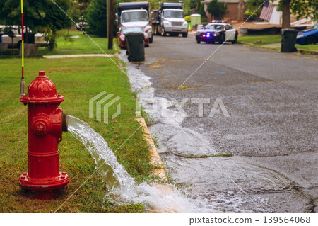 Water flows from fire hydrant on street in city with parked trucks police car nearby 139564068