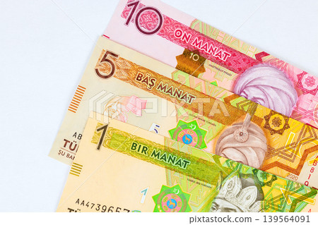 Turkmenistan national cash banknotes in manat currency circulated by Central Bank of Turkmenistan Turkmenistan national cash banknotes in manat currency circulated by Central Bank of Turkmenistan 139564091