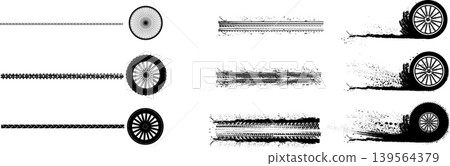 Vector set of various tire tracks, wheel prints, and grunge ink splatters on white background Vector set of various tire tracks, wheel prints, and grunge ink splatters on white background 139564379