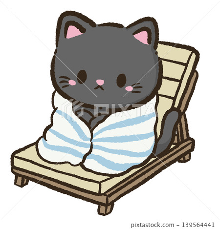 Cute kawaii black cat wrapped in striped beach towel relaxing on lounge chair cozy summer illustration 139564441