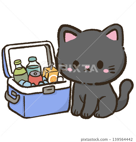 Cute kawaii black cat beside picnic cooler filled with tropical drinks beach day summer clipart illustration Cute kawaii black cat beside picnic cooler filled with tropical drinks beach day summer clipart illustration 139564442