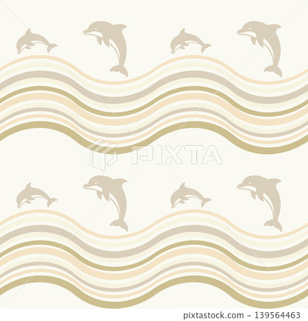 Seamless Dolphin Pattern with Retro Waves in Beige 139564463