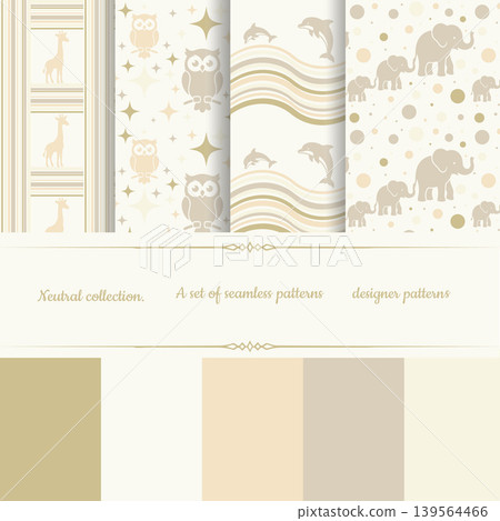 Elegant neutral seamless patterns set with animals, waves, stars and geometric textures Elegant neutral seamless patterns set with animals, waves, stars and geometric textures 139564466