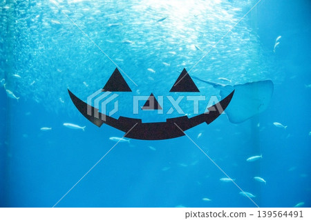 萬聖節的笑容和魚兒裝飾著水下世界。 萬聖節的笑容和魚兒裝飾著水下世界。 139564491