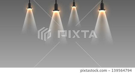 Hanging stage spotlights projecting light beams on smoky background Hanging stage spotlights projecting light beams on smoky background 139564794