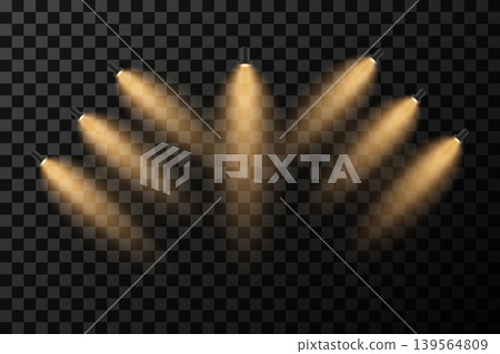 Spotlights radiating golden light beams creating a dramatic stage effect on transparent ground 139564809