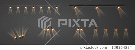 Various spotlights illuminating with bright light beams, creating a vibrant stage effect Various spotlights illuminating with bright light beams, creating a vibrant stage effect 139564854