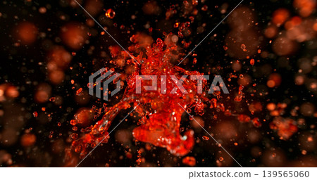 Red liquid splash isolated on black background resembling blood or red wine with realistic droplets for VFX overlay and cinematic visual effects 139565060