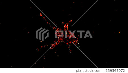 Red liquid splash isolated on black background resembling blood or red wine with realistic droplets for VFX overlay and cinematic visual effects Red liquid splash isolated on black background resembling blood or red wine with realistic droplets for VFX overlay and cinematic visual effects 139565072