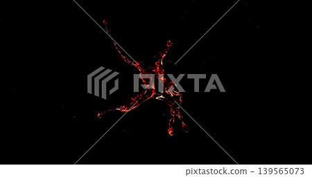 Red liquid splash isolated on black background resembling blood or red wine with realistic droplets for VFX overlay and cinematic visual effects Red liquid splash isolated on black background resembling blood or red wine with realistic droplets for VFX overlay and cinematic visual effects 139565073