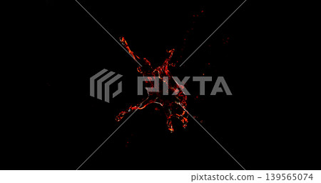 Red liquid splash isolated on black background resembling blood or red wine with realistic droplets for VFX overlay and cinematic visual effects Red liquid splash isolated on black background resembling blood or red wine with realistic droplets for VFX overlay and cinematic visual effects 139565074