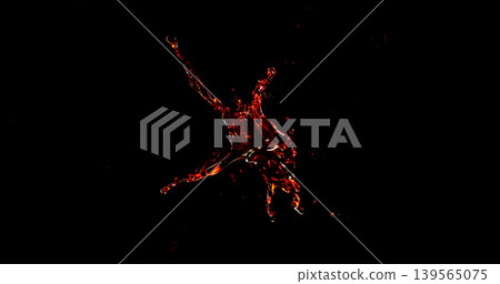 Red liquid splash isolated on black background resembling blood or red wine with realistic droplets for VFX overlay and cinematic visual effects 139565075