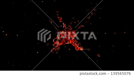 Red liquid splash isolated on black background resembling blood or red wine with realistic droplets for VFX overlay and cinematic visual effects Red liquid splash isolated on black background resembling blood or red wine with realistic droplets for VFX overlay and cinematic visual effects 139565076