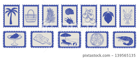 Mediterranean summer postage stamp collection with blue coastal elements and seafood on light background Mediterranean summer postage stamp collection with blue coastal elements and seafood on light background 139565135