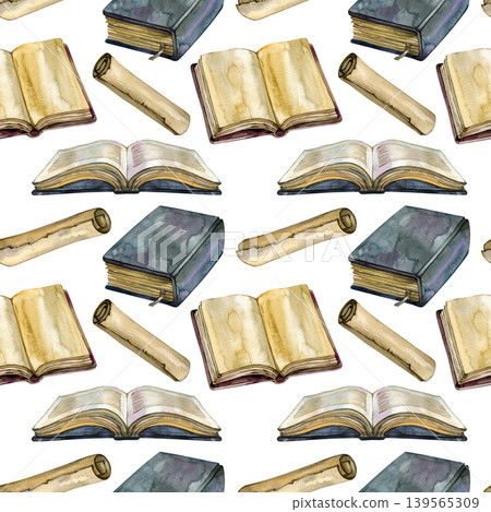 Watercolor seamless pattern featuring vintage bibles, open ancient books with aged yellow pages, and paper scrolls. A hand drawn academic and religious background perfect for library and church 139565309