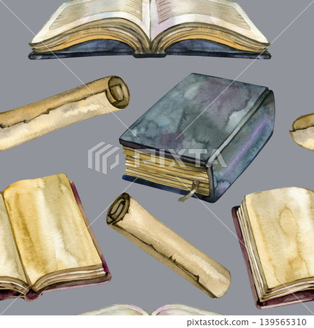 Watercolor seamless pattern featuring vintage bibles, open ancient books with aged yellow pages, and paper scrolls. A hand drawn academic and religious background perfect for library and church Watercolor seamless pattern featuring vintage bibles, open ancient books with aged yellow pages, and paper scrolls. A hand drawn academic and religious background perfect for library and church 139565310
