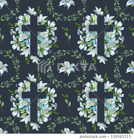 Watercolor seamless pattern featuring Christian crosses with blue lilies and elegant olive leaf wreaths. This hand drawn religious background is perfect for baptism, Easter, and church textiles. Watercolor seamless pattern featuring Christian crosses with blue lilies and elegant olive leaf wreaths. This hand drawn religious background is perfect for baptism, Easter, and church textiles. 139565313