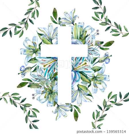 Watercolor seamless pattern featuring Christian crosses with blue lilies and elegant olive leaf wreaths. This hand drawn religious background is perfect for baptism, Easter, and church textiles. Watercolor seamless pattern featuring Christian crosses with blue lilies and elegant olive leaf wreaths. This hand drawn religious background is perfect for baptism, Easter, and church textiles. 139565314