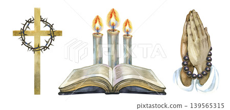 Watercolor set of religious symbols including a golden cross with a crown of thorns, an open holy Bible with three burning candles, and praying hands with rosary beads. Spiritual hand drawn art. Watercolor set of religious symbols including a golden cross with a crown of thorns, an open holy Bible with three burning candles, and praying hands with rosary beads. Spiritual hand drawn art. 139565315
