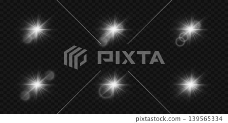 Six distinct bright lens flare effects creating starburst glow on transparent background 139565334