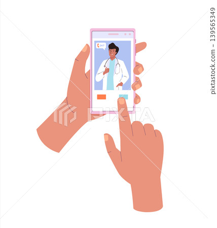 Hands holding smartphone with doctor on screen. Male doctor in white coat and stethoscope. Online medical consultation service, tele medicine concept Hands holding smartphone with doctor on screen. Male doctor in white coat and stethoscope. Online medical consultation service, tele medicine concept 139565349