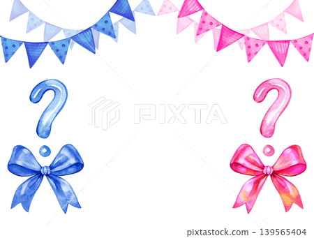 Watercolor gender reveal composition featuring blue and pink question marks with matching silk bows and festive bunting flags. A playful hand drawn illustration for baby shower invitations. Watercolor gender reveal composition featuring blue and pink question marks with matching silk bows and festive bunting flags. A playful hand drawn illustration for baby shower invitations. 139565404