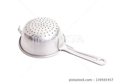 Aluminum colander isolated on white. Cooking utensil. Aluminum colander isolated on white. Cooking utensil. 139565457