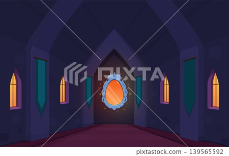 Fairy tale mirror. Long empty corridor or hall in castle, magic palace. Wizard witch mirror, magician portal in fantasy world. Witchcraft location, sapid vector scene Fairy tale mirror. Long empty corridor or hall in castle, magic palace. Wizard witch mirror, magician portal in fantasy world. Witchcraft location, sapid vector scene 139565592