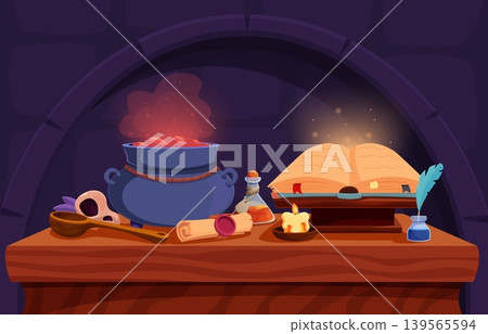 Cartoon alchemist table. Witch cauldron with boiling potion, ancient wizard book of spells. Alchemy, fantasy tale concept, halloween sapid vector background Cartoon alchemist table. Witch cauldron with boiling potion, ancient wizard book of spells. Alchemy, fantasy tale concept, halloween sapid vector background 139565594