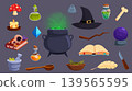 Cartoon witchcraft elements. Halloween magical gaming objects. Witch cauldron, poison bottle, wizard book, wand. Alchemy, fantasy sapid vector set 139565595