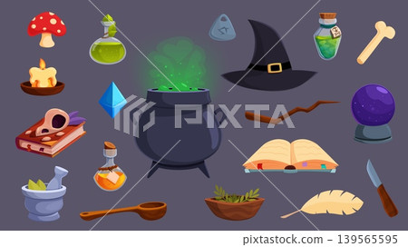 Cartoon witchcraft elements. Halloween magical gaming objects. Witch cauldron, poison bottle, wizard book, wand. Alchemy, fantasy sapid vector set Cartoon witchcraft elements. Halloween magical gaming objects. Witch cauldron, poison bottle, wizard book, wand. Alchemy, fantasy sapid vector set 139565595