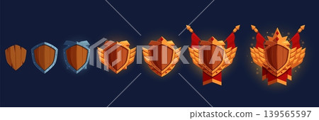 Shield game ranking badges. Play shields achievements with crown, gems, flags, velvet ribbons. Wooden, silver, metal, golden award pins, sapid vector elements Shield game ranking badges. Play shields achievements with crown, gems, flags, velvet ribbons. Wooden, silver, metal, golden award pins, sapid vector elements 139565597