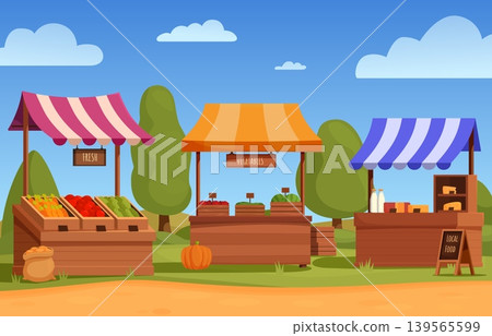 Agriculture harvest market. Wooden stalls with local food, vegetables, fruits, dairy. Farm counters with striped awning. Village, countryside trading area sapid vector scene 139565599