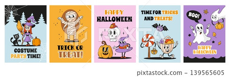 Halloween groovy posters. Graphic design banners with funny autumn festival characters, spider web, ghosts. Retro style cartoon witch, pumpkin, mummy, neoteric vector set Halloween groovy posters. Graphic design banners with funny autumn festival characters, spider web, ghosts. Retro style cartoon witch, pumpkin, mummy, neoteric vector set 139565605
