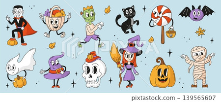 Funny retro halloween characters. Autumn festival cartoon vampire, zombie, mummy, skull and ghost. Horrible mascots, little witch and pumpkin, neoteric vector set Funny retro halloween characters. Autumn festival cartoon vampire, zombie, mummy, skull and ghost. Horrible mascots, little witch and pumpkin, neoteric vector set 139565607