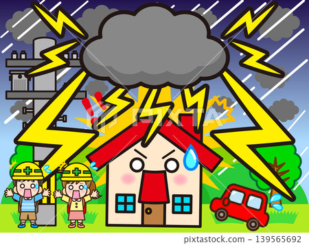 插圖素材 2：房屋和城鎮被閃電擊中。 139565692