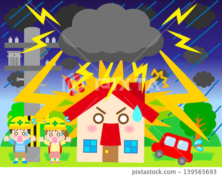 插圖素材 3：房屋和城鎮被閃電擊中。 139565693