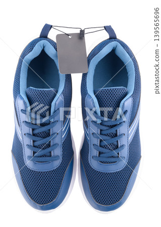 blue sneakers top view with black label on white background blue sneakers top view with black label on white background 139565696
