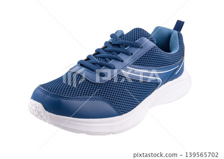 blue sneaker in three quarters on white background blue sneaker in three quarters on white background 139565702