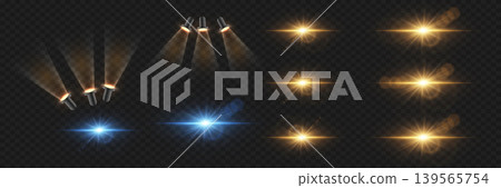 Collection of dynamic lighting effects including spotlights and starburst lens flares Collection of dynamic lighting effects including spotlights and starburst lens flares 139565754