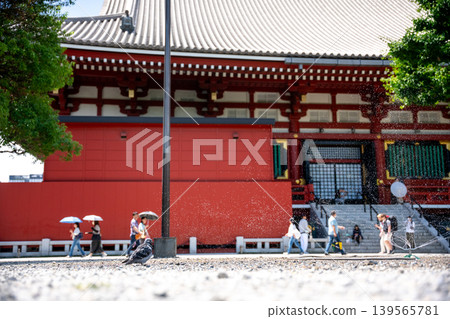Summer in the temple grounds, splashes of water and pigeons Summer in the temple grounds, splashes of water and pigeons 139565781