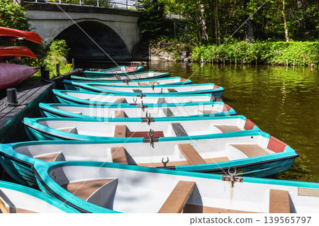 Summer boat rental dock on peaceful forest lake. 139565797