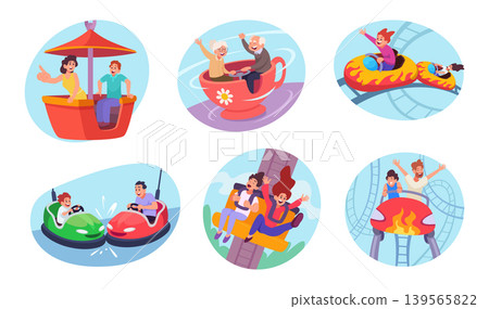 Amusement park. People rides on roller coaster and ferris wheel exact vector emotional persons 139565822